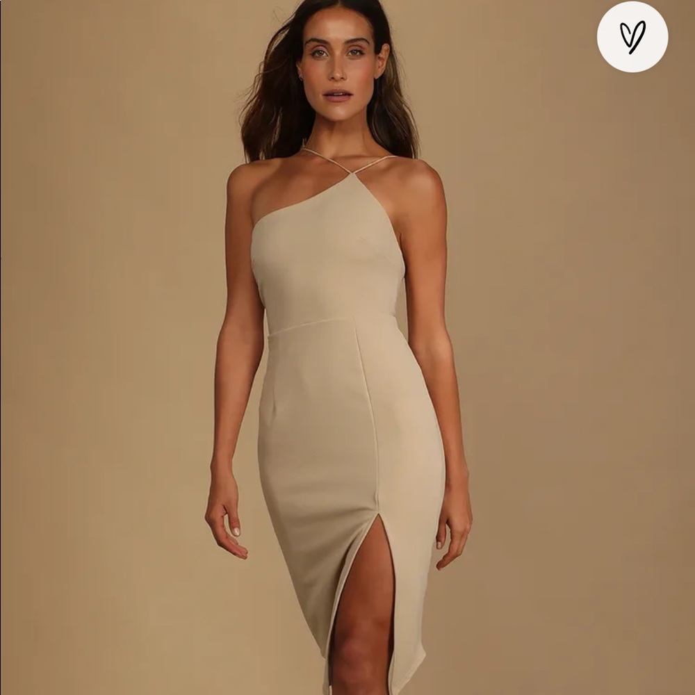 Beige Assymetrical Bodycon Midi Dress - Women’s SZ L - NWT